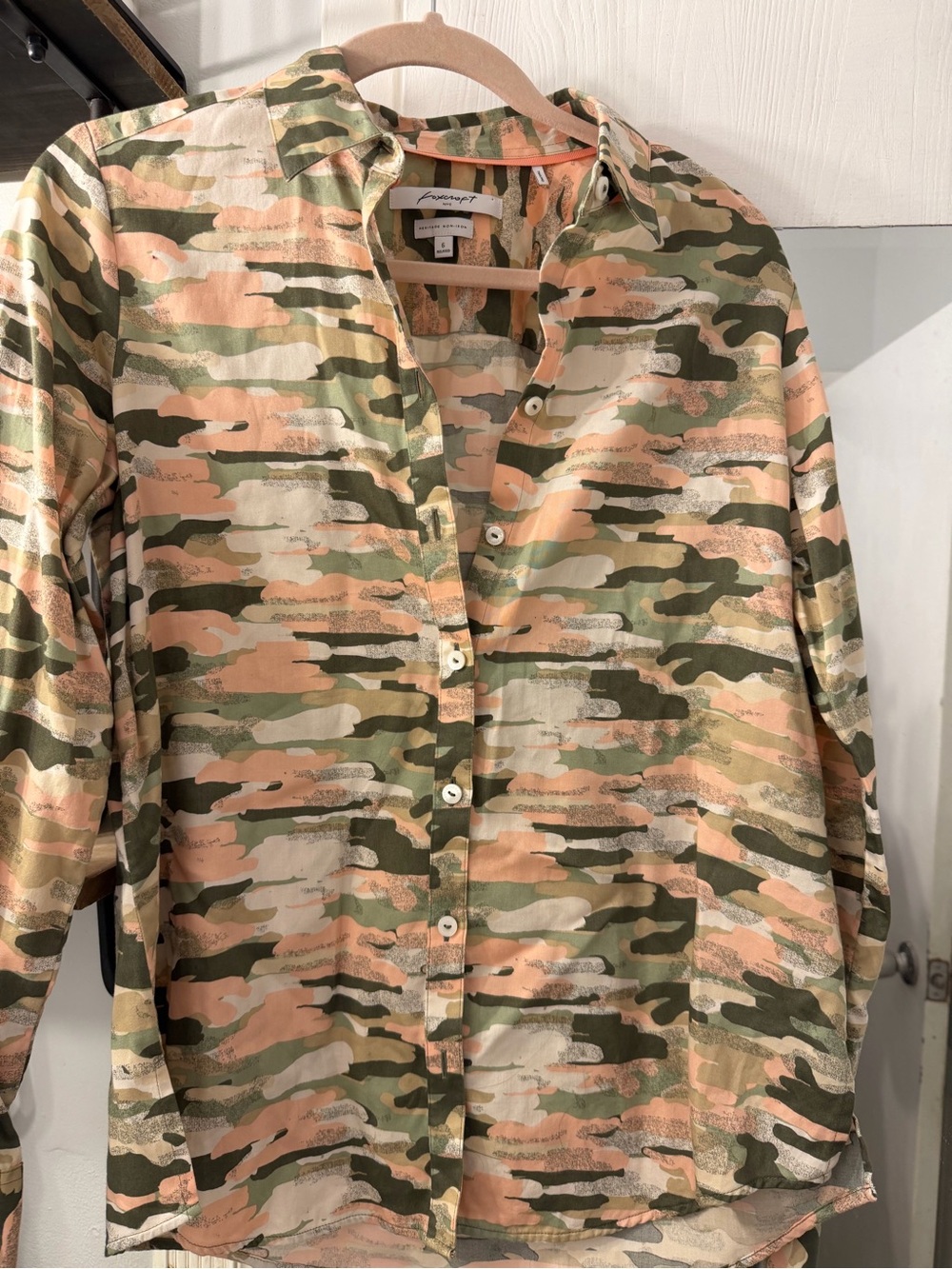 Foxcroft Camouflage Button-Down Shirt in Green & Peach